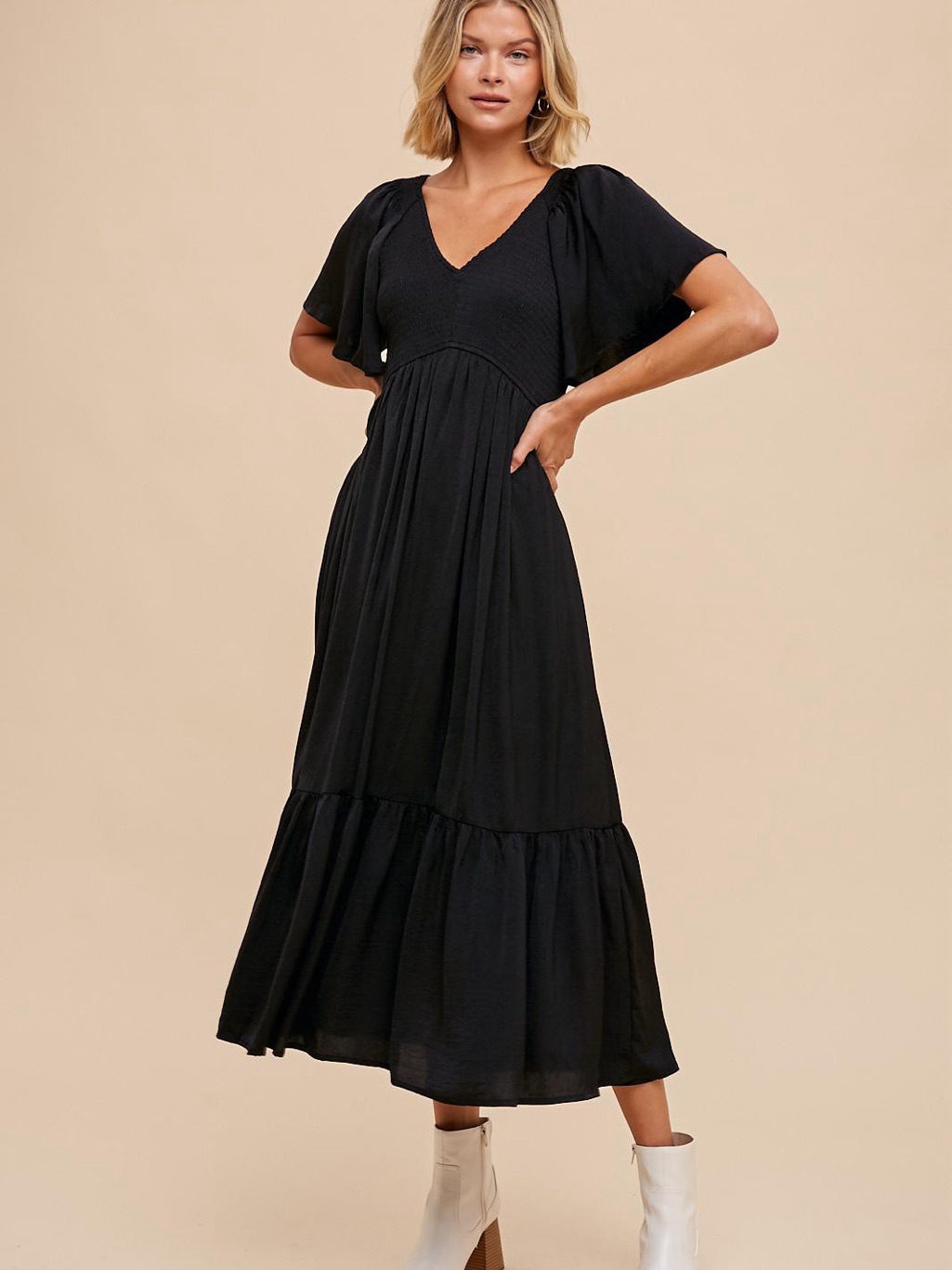 Celine Smocked Satin Maxi Dress In Black
